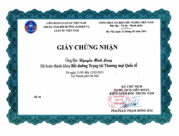 Certificate of Training Course Completion on International Commercial Arbitration award to Lawyer Nguyen Minh Long 2011